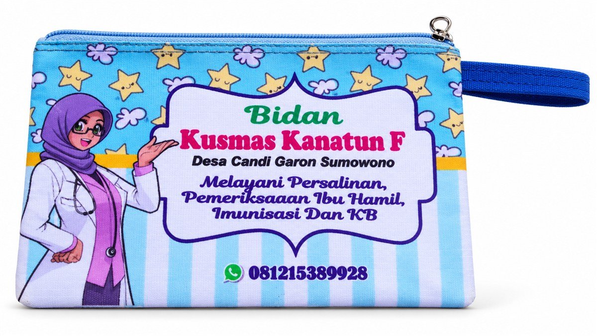 Pouch biru dengan ritsleting dan cetak warna bergambar bidan
