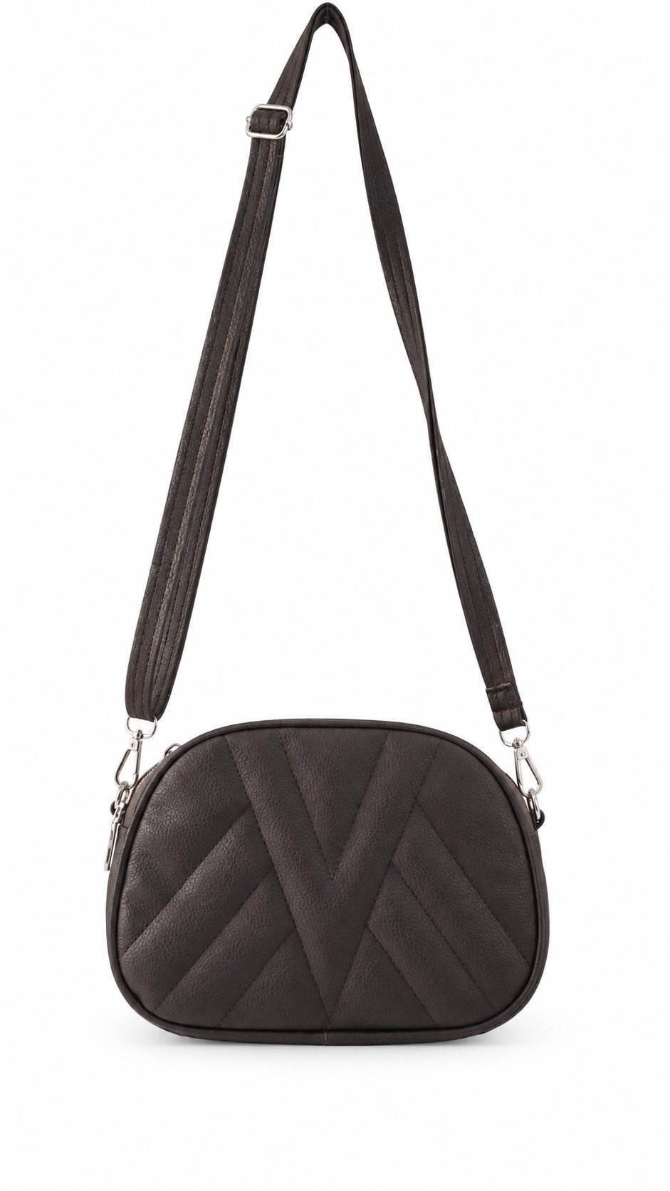 Tas selempang abu-abu tua berbentuk oval dengan pola quilt