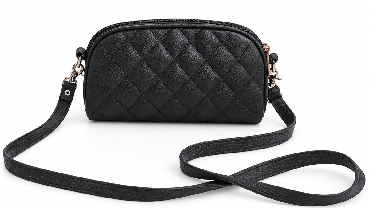 Tas selempang hitam dengan pola quilt dan tali panjang