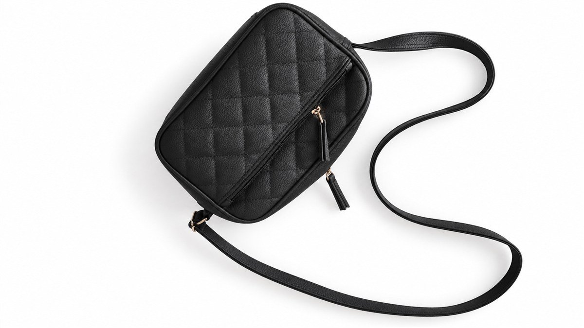 Tas selempang hitam dengan pola quilt dan saku ritsleting depan