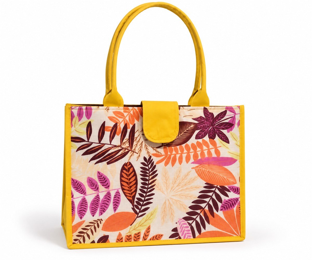 Tas tangan dengan pegangan kuning dan motif daun warna-warni