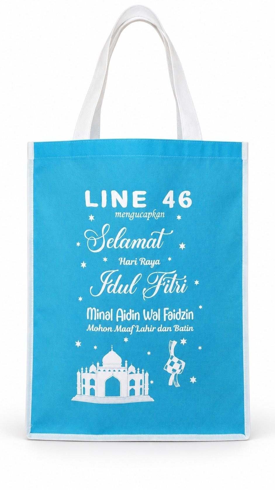 Tas spunbond biru muda dengan tali putih dan sablon putih bertema masjid