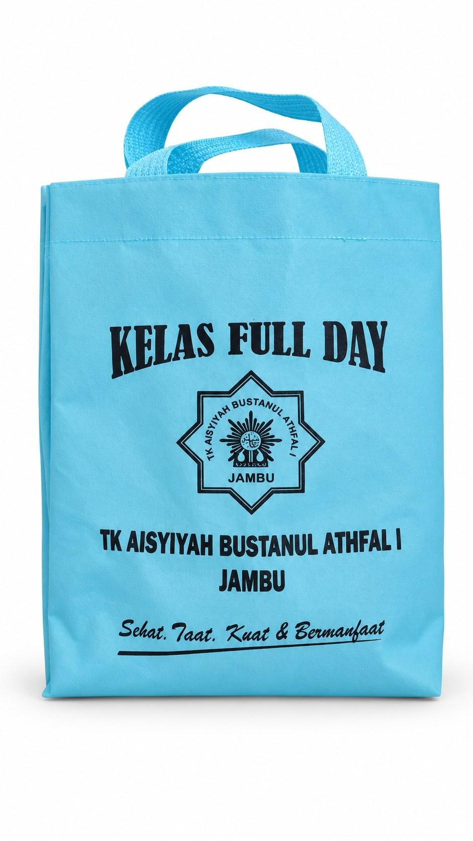 Tas spunbond biru muda dengan sablon hitam bertema sekolah