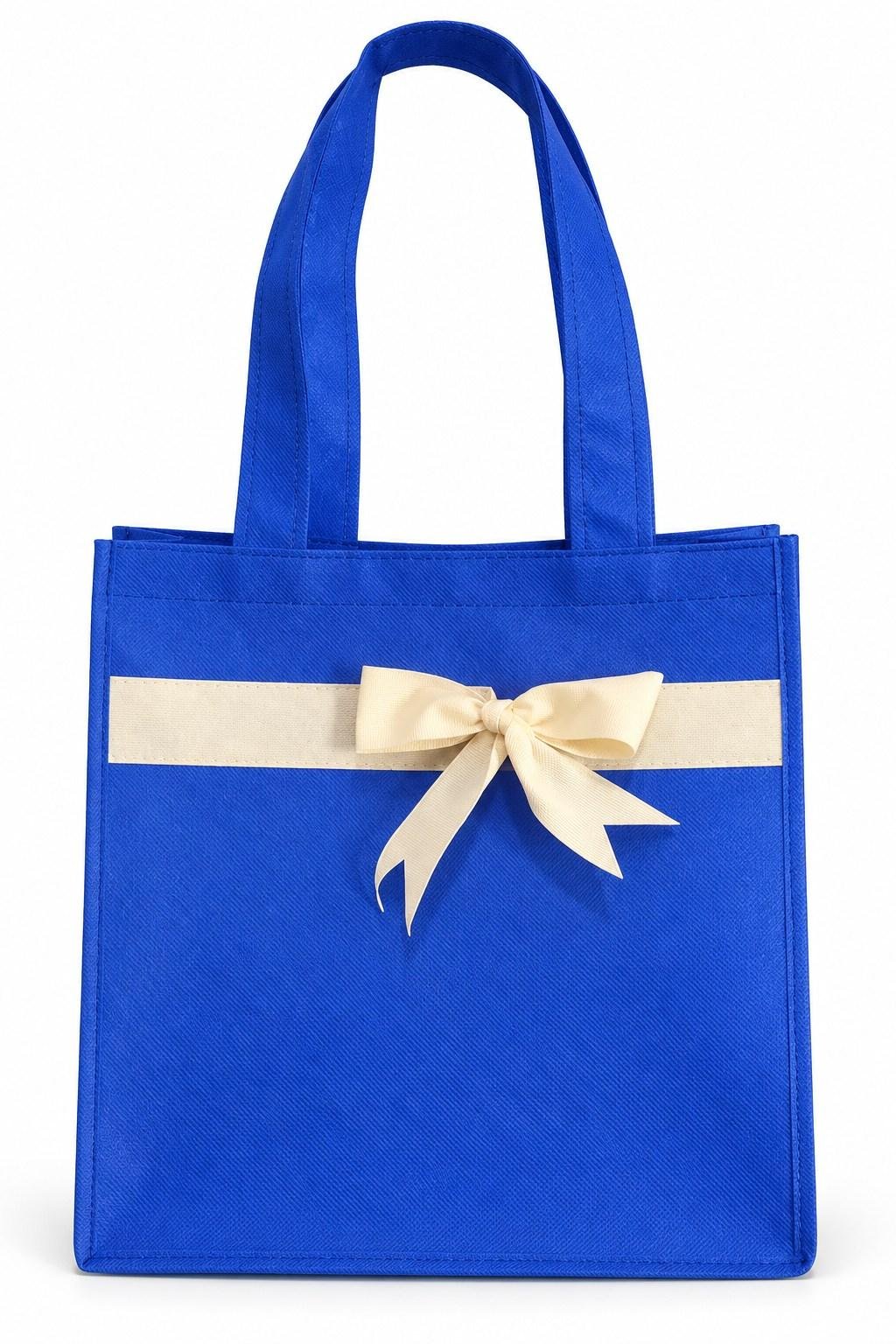 Tas spunbond biru dengan pita krem di bagian depan