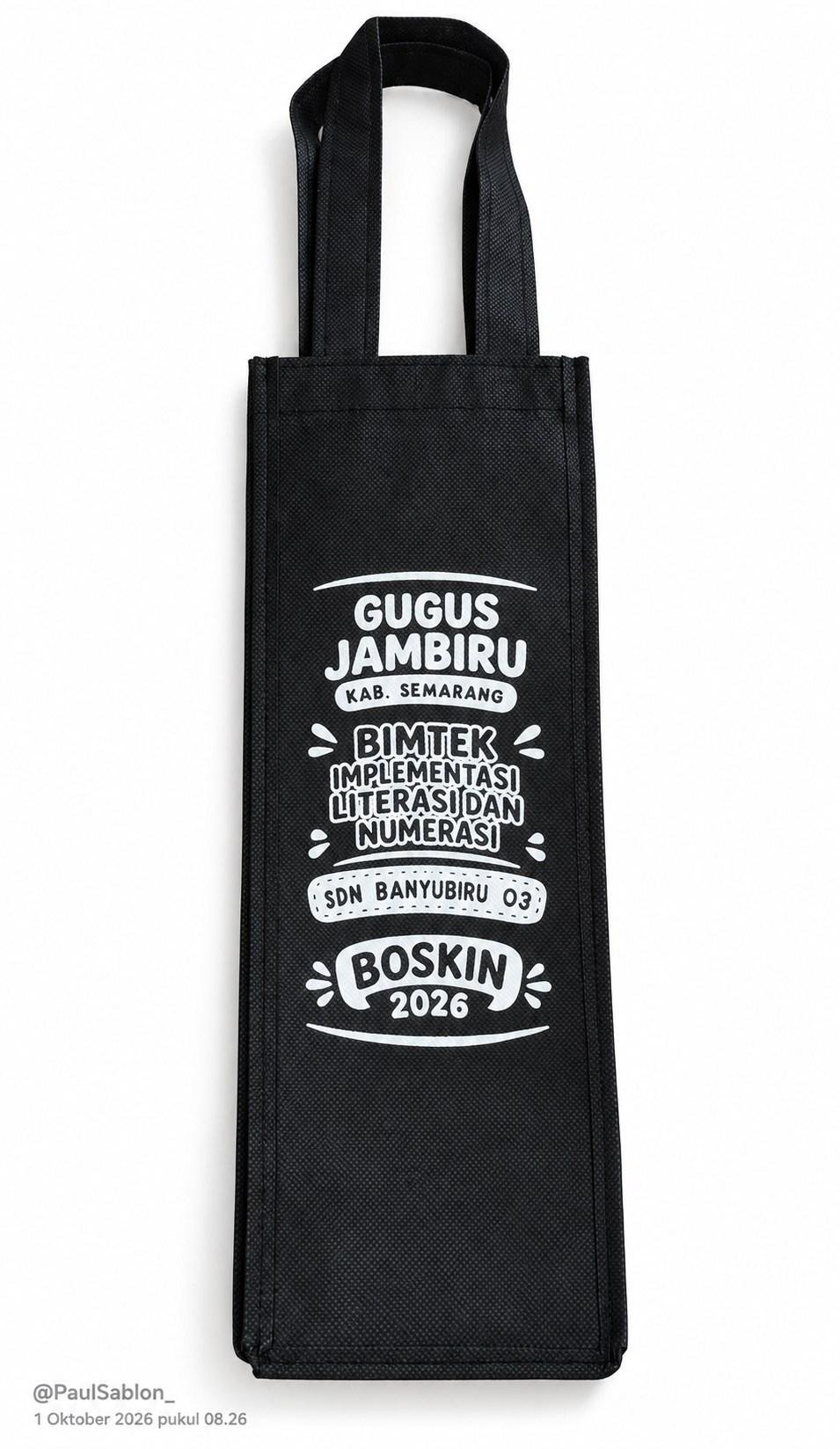 Tas spunbond hitam berbentuk memanjang dengan sablon putih