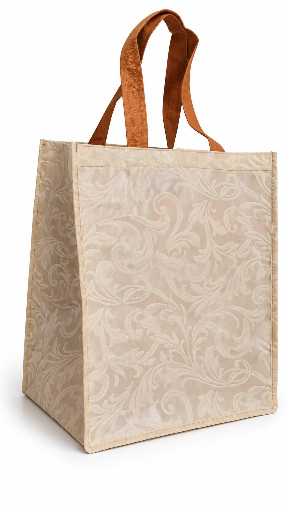 Tas spunbond krem bermotif damask dengan tali cokelat